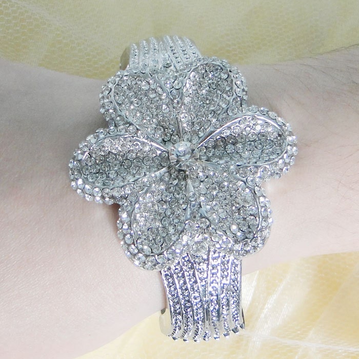 Vintage Inspired Swarovski Crystal Wedding Flower Bracelet Bangle, Clear Rhinestone Bridal Jewelry Bridesmaid Gift-118542026