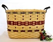 Handwoven Reed or Wicker Storage Basket with Wood Base, Seagrass, and Leather Handles