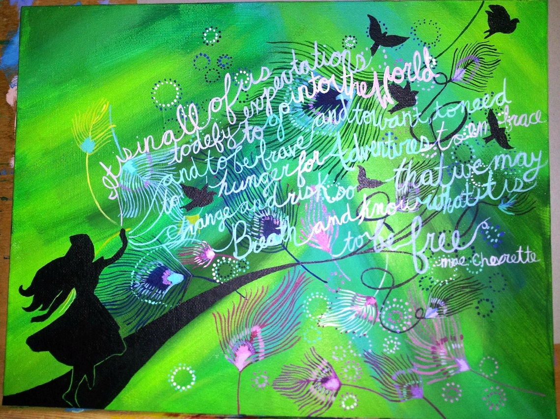 Green Painting with Peacock Feathers and Travel Quote