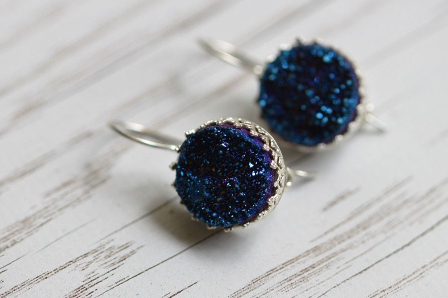 Blue and Gold earrings. Sterling silver earrings with blue druzy quartz. Blue drop earrings, Druzy dangle earrings, Bridal earrings
