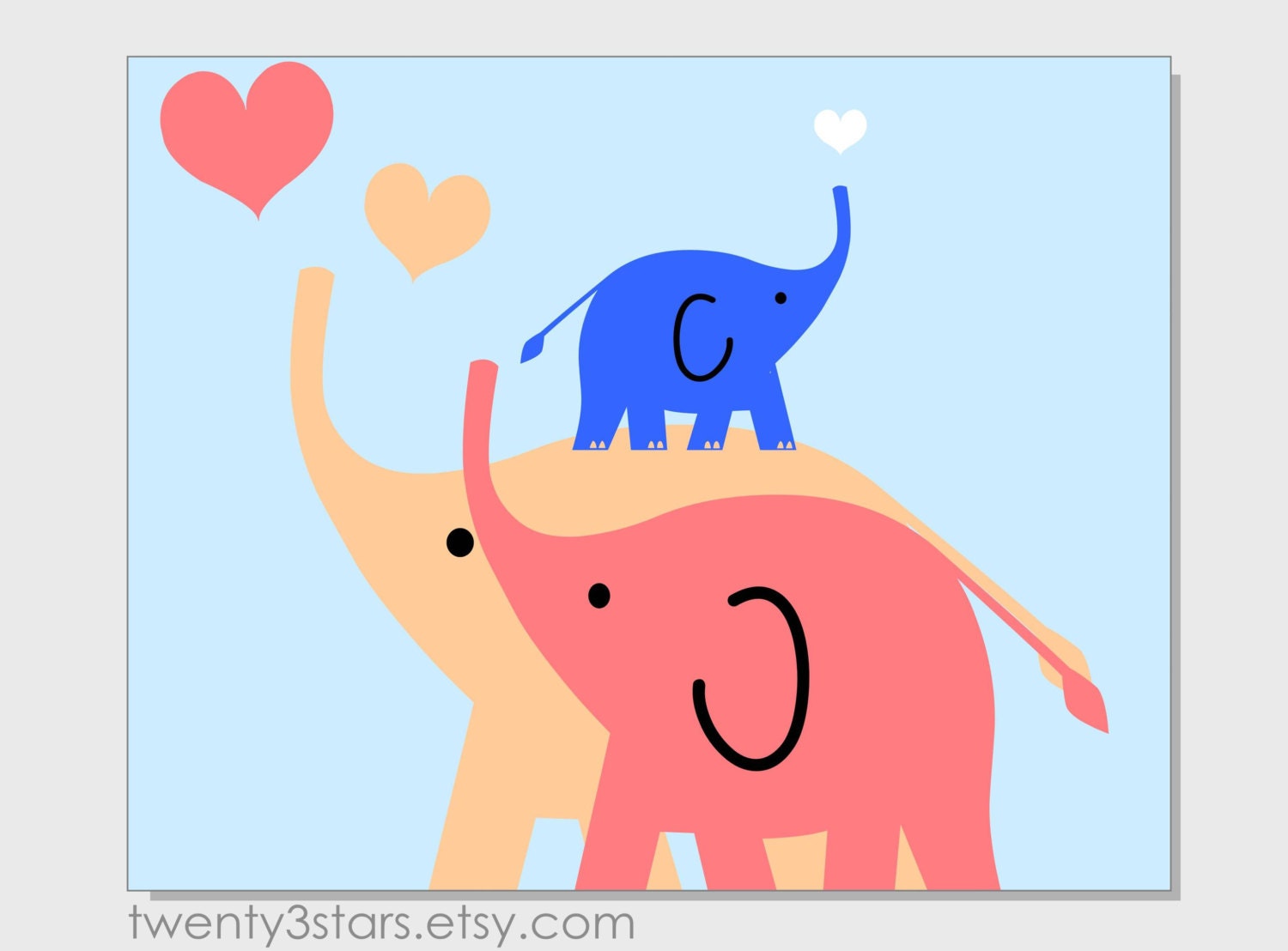 Elephant Family and Hearts Print, You Choose the Background and Colors, 8x10" Wall Art Unframed, Perfect for a Nursery or Baby Shower
