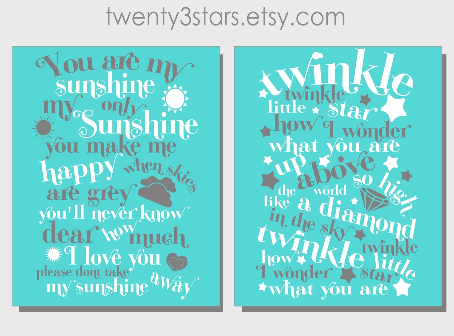 Twinkle Little Star & You Are My Sunshine 8x10" Print Pair for Nursery Art for a Boy or Girl, You Choose The Colors, Typography Rhymes
