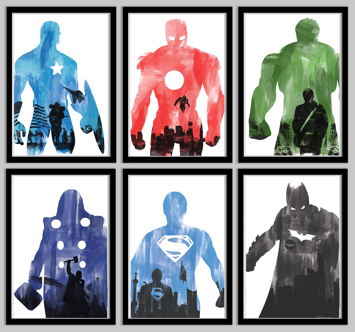 Superhero Poster Collection:  Captain America, Iron Man, Hulk, Thor, Superman, and Batman - 11x17
