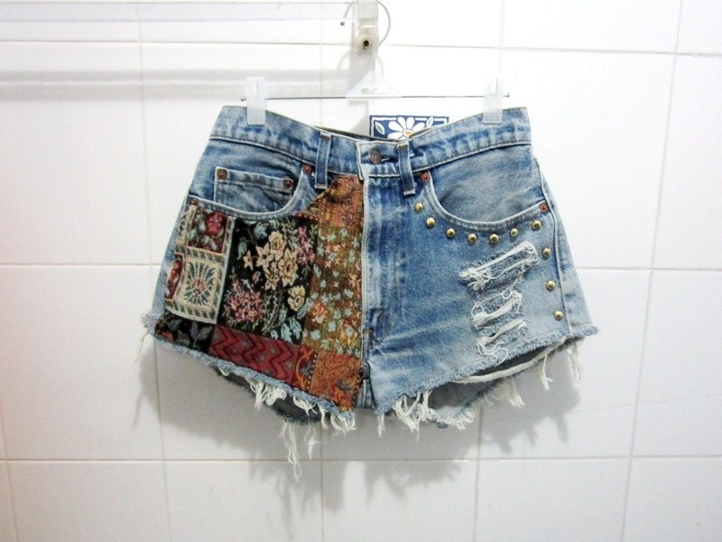 Make To Order - Vintage High Waist  Tribal NaGa Gold Circle Studded Cut Off Shorts