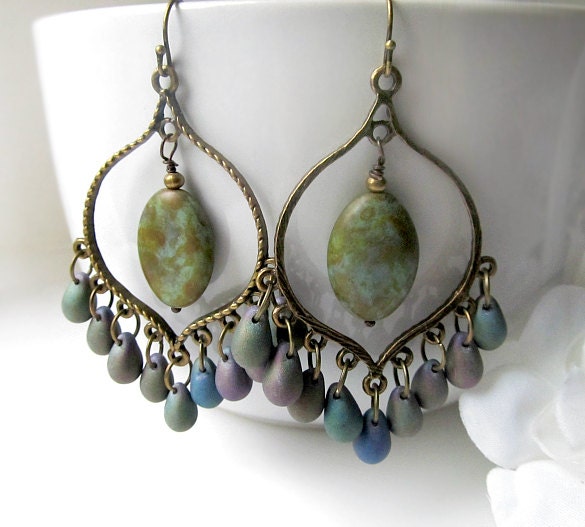 Bronze Iris Chandelier Earrings, Green Purple Bohemian Hoops, Large Boho Dangles,Boho Chic Jewelry, Gypsy Jewelry