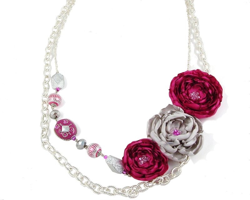 Magenta and Gray Statement Flower Fabric Necklace, unique jewelry