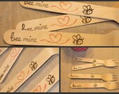 20 Bee Mine Valentines Forks & Spoons Wooden Cutlery