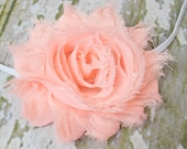 Peach Shabby Chic Flower on a White Skinny Headband,  Newborn Headband, Infant Headband, Photo Prop, Many Colors