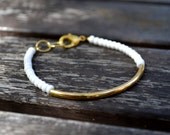White Czech Seed Bead Gold Tube Bracelet - Stacking Arm Party Lobster Clasp Bracelet