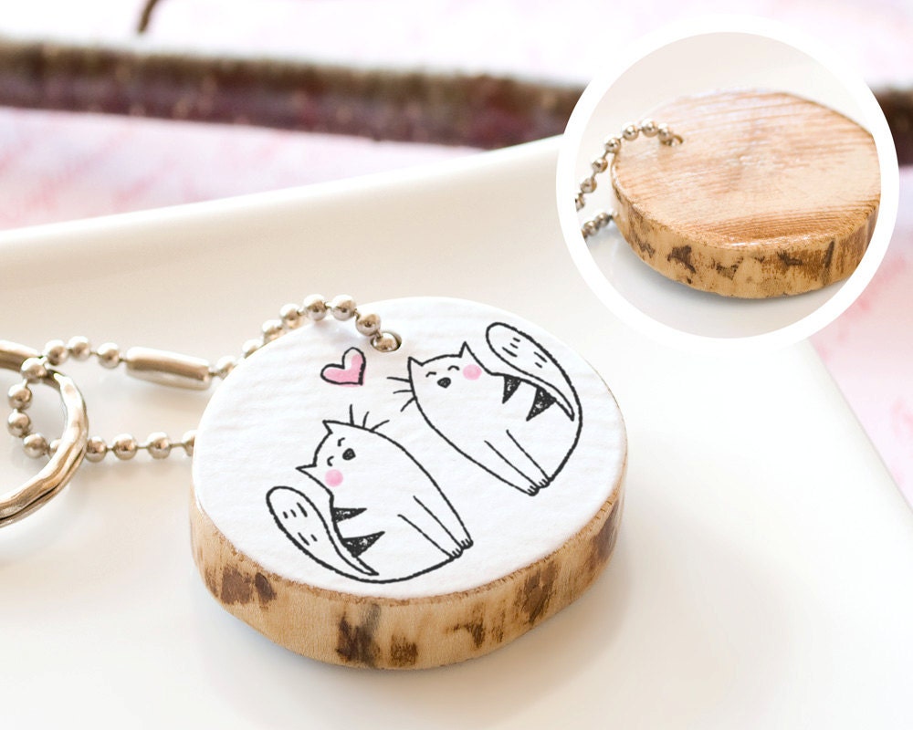 Cat Wooden Keychain Couple Cute Drawing Love Heart Handmade Keyring Unique Gift Best Friend Women Men Reclaim Wood ECO FRIENDLY Animal Round