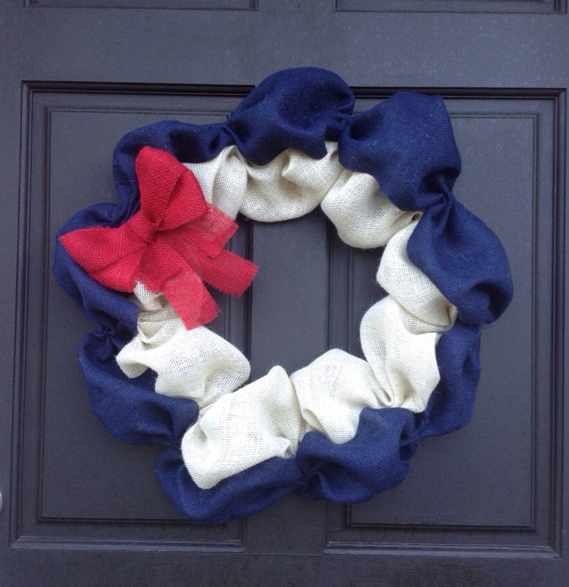 Burlap Wreath - Navy Blue, Cream and Red - Fourth of July - Home Decor - Summer - Spring