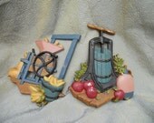 2 Vintage Homco Metal Wall Plaques of Old Farm Implements: Rustic Corn Grinder & Cider Press  - 1978 - Very Country Charming