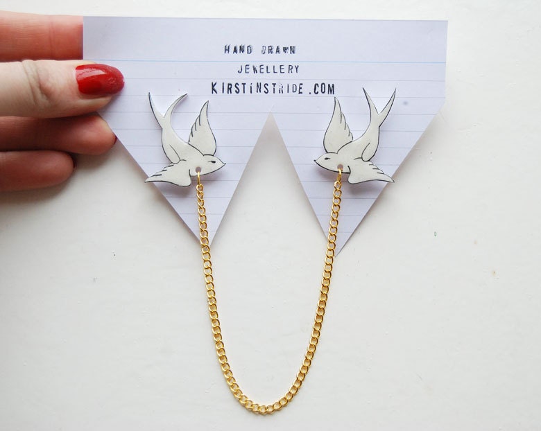 Collar Clips swallow / hand drawn / hand made