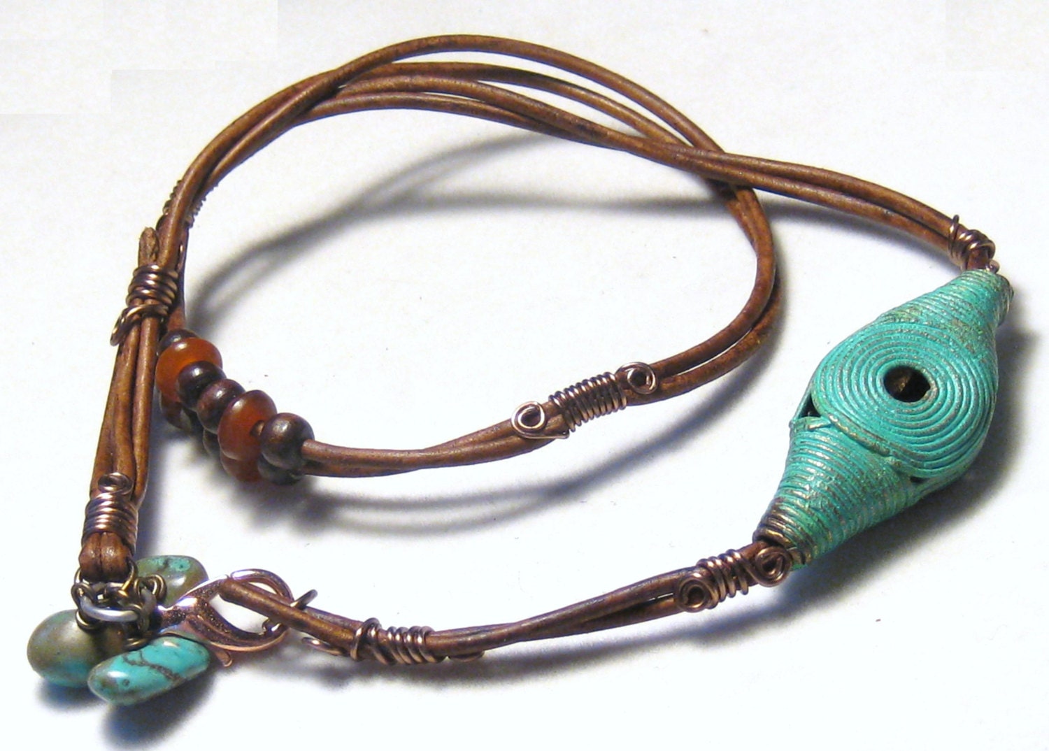 Tribal Brass Bead Leather Wire Wrapped Necklace Bohemian Jewelry Tribal Jewelry