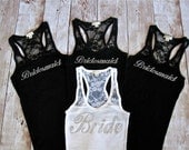 4 Bridesmaid Tank Top Shirt. Half Lace. Bride, Maid of Honor, Matron of Honor. Plum, Purple, Black, White, Pink, Coral, Tiffany Blue