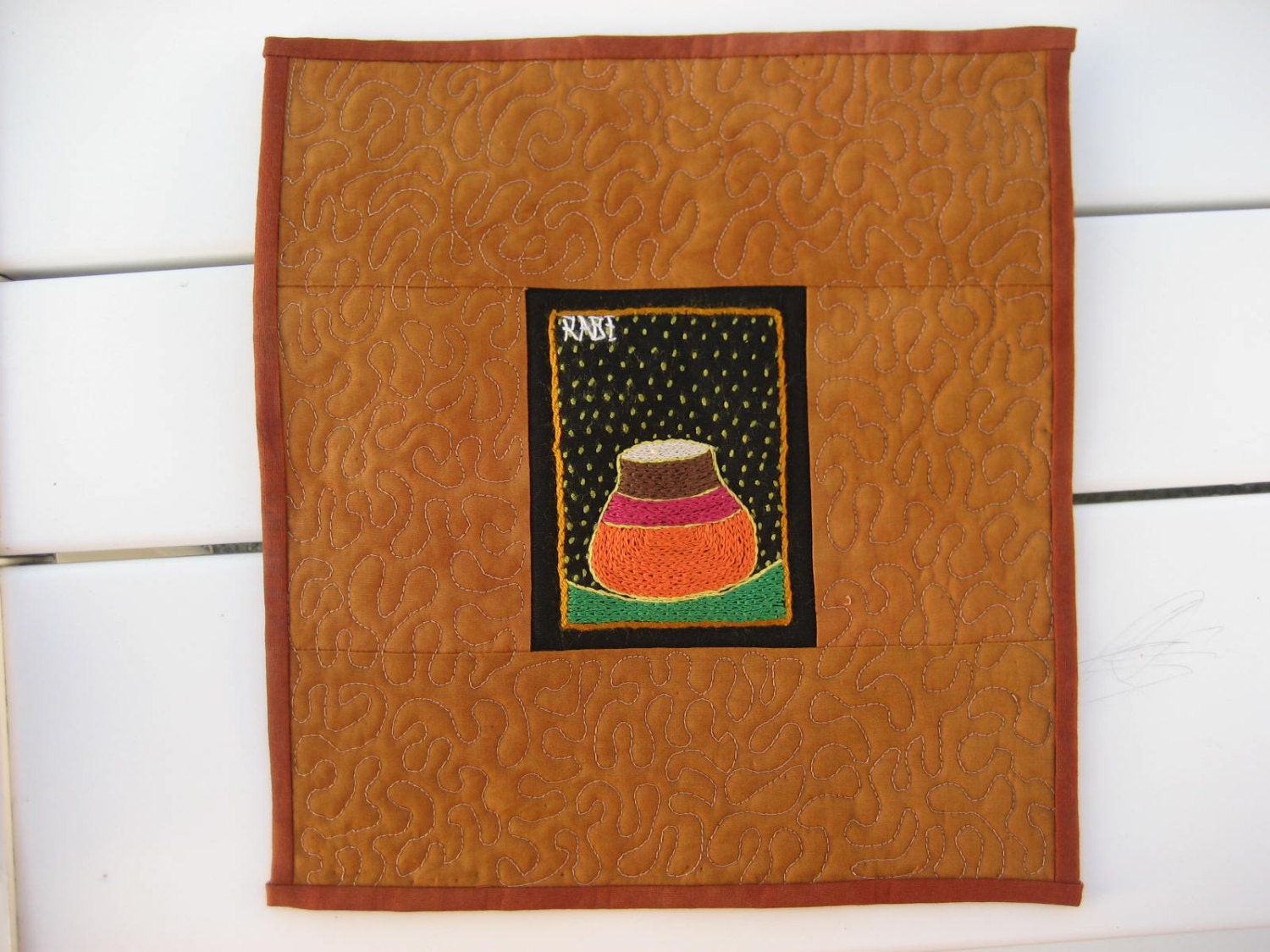 African Embroidery Pot Quilt Wall Hanging