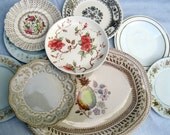 Plate Collage: 9 pieces vintage mixmatched china, Platter and dessert plates, brown coral yellow, set 5