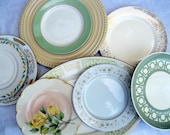 Plate Collection: 9 piece wall collage, green and yellow vintage mismatched dishes, hanging, set 7