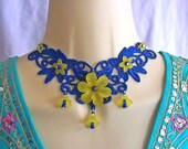 Blue Lace Choker with Yellow Flowers, Statement Necklace, Kitsch Necklace, Bridesmaid Necklace, Burlesque, Flower Jewellery