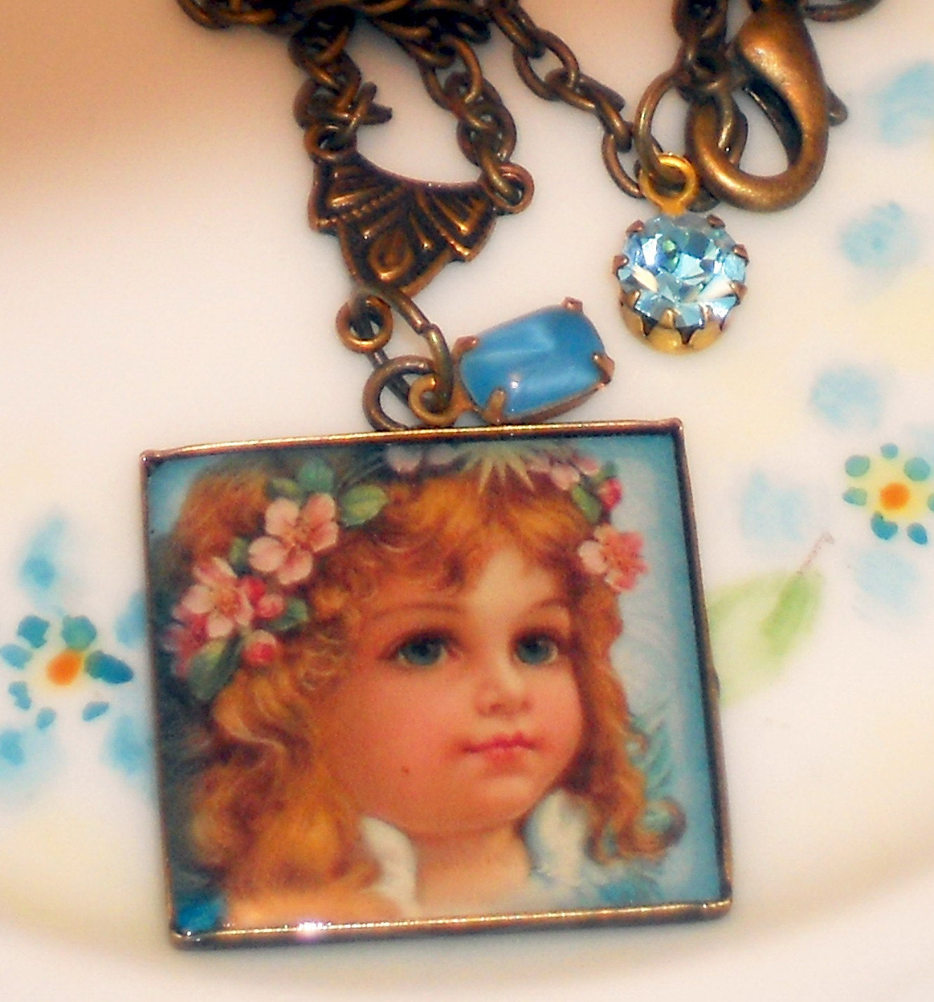 Easter Necklace Vintage Style For Little Girl Shabby Chic Cottage Victorian Aqua Rhinestone Dangle Bead
