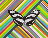 Retro Butterfly Art Print Painting, Home Decor, Black and White Butterfly with Striped Background, Small Print on Wood