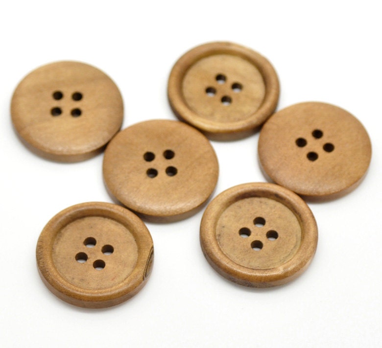 20 Plain Round Wood Button Four Hole Light Coffee  Colour 25mm (1") Wholesale Bulk 20 Pack
