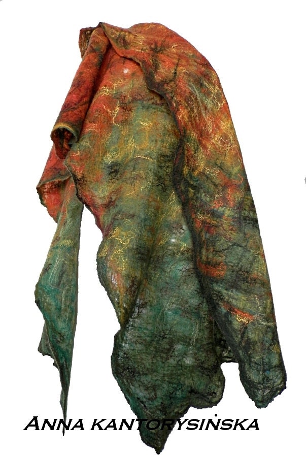 felted scarf, shawl AUTUMN LEAF handmade, silk fibers, wool, free shipping, eco fashion by Kantorysinska
