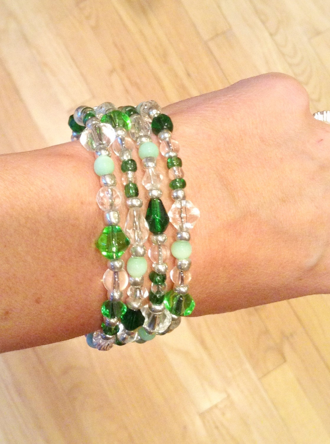 Memory Wire Crystal Cut Beaded Bracelet - Green