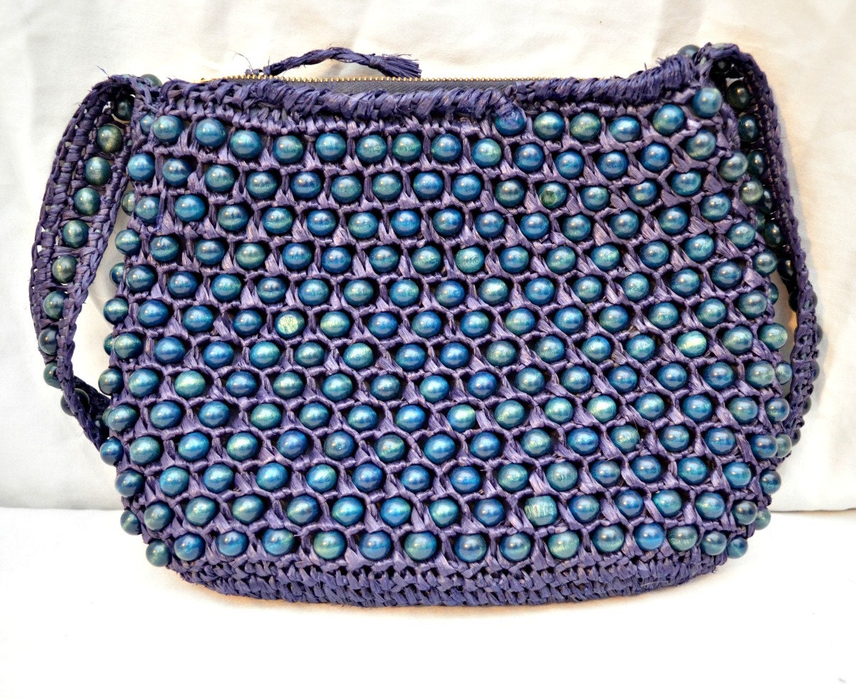 1960s beaded purse teal and navy blue wood bead boho handbag rafia metal zipper small woven purse lunch tote