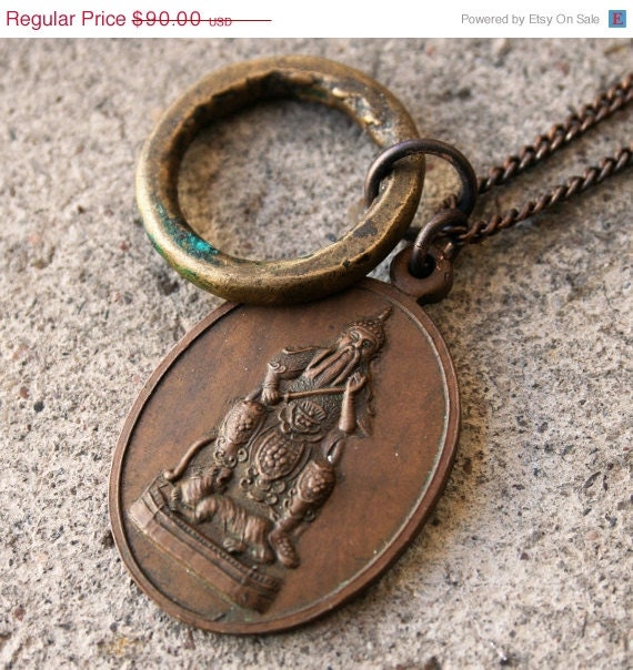 ON SALE Rare Bronze Chinese Warrior Necklace with Antique African Ring