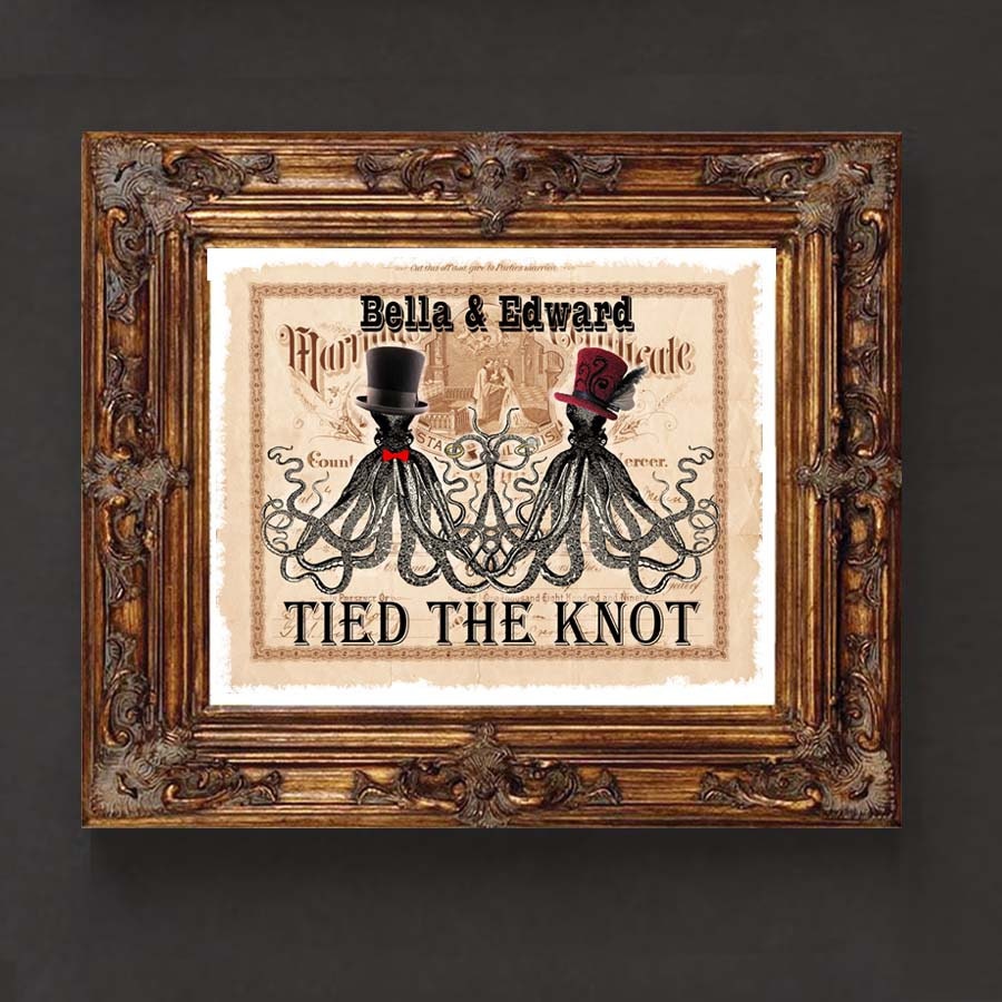 Fine Art Print: -  "Tied The Knot" - upcycled book page, nautical, steampunk, Wedding gift, Octopus love