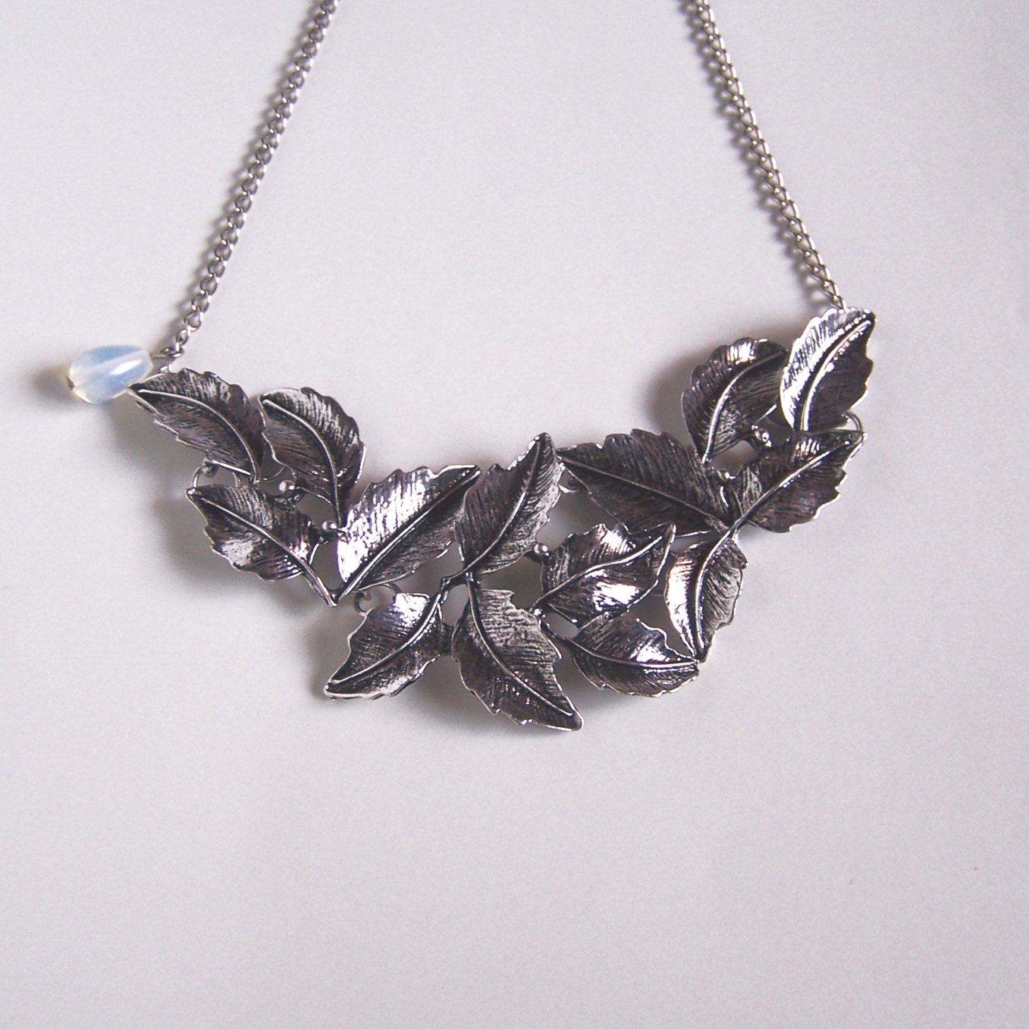 Leaves necklace Leaf Statement Nature Jewelry Antique Silver Opalite Teardrop
