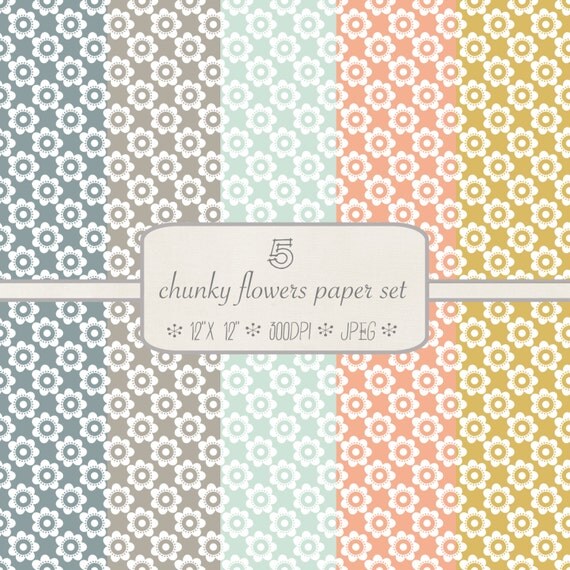 Digital Scrapbook Paper Pack // Chunky Flowers // Blue, Gray, Pink, Yellow // jpeg files // 300 DPI // Instant Download Il_570xn