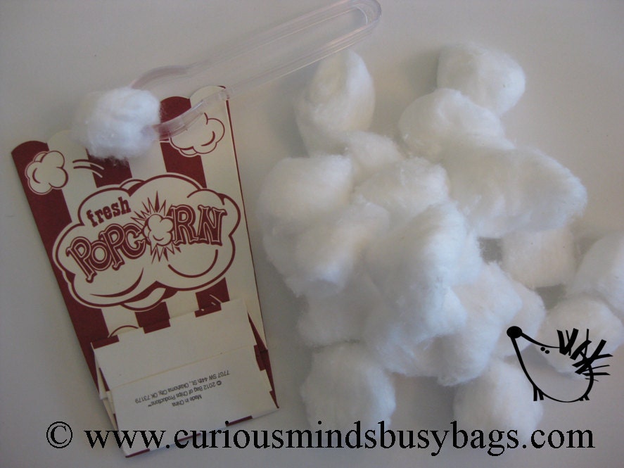 Popcorn Fine Motor Busy Bag (learning activity) for Toddlers and young children. Self-contained activity