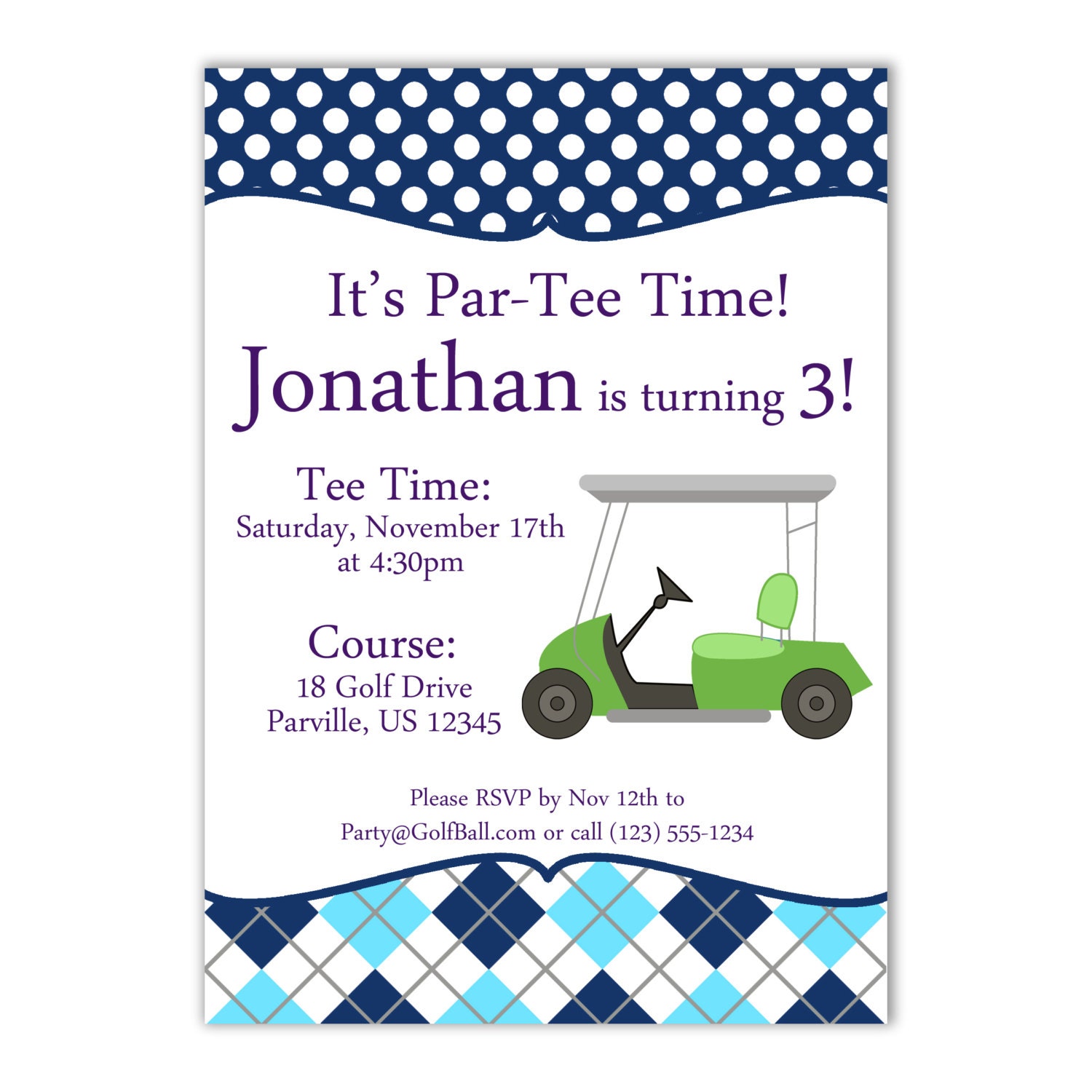 Golf Invitation - Aqua and Navy Blue Argyle Plaid with a Lime Green Golf Cart Personalized Birthday Party Invite - a Digital Printable File