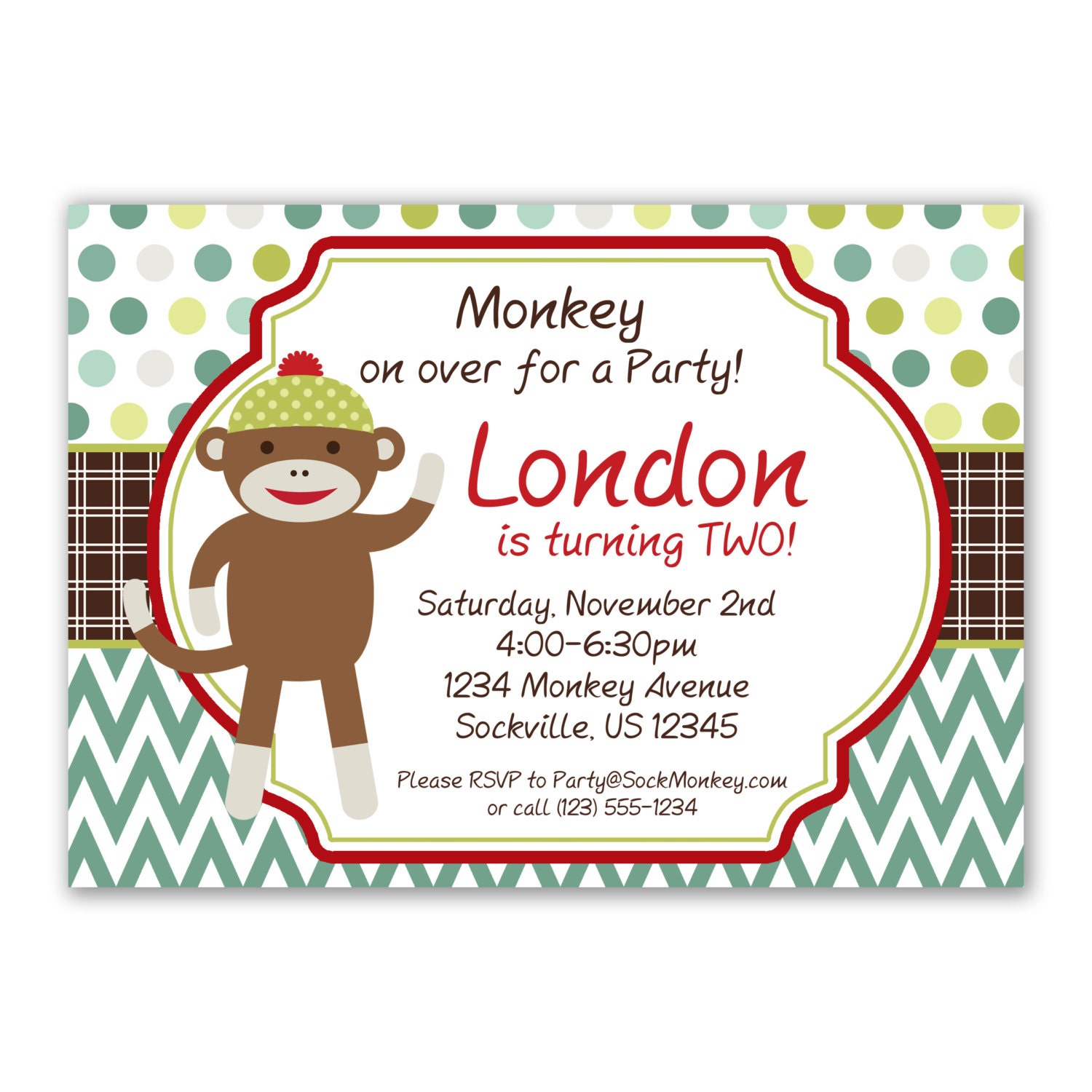 Sock Monkey Invitation - Green Turquoise Chevron and Polka Dots Sock Monkey Personalized Birthday Party Invite - a Digital Printable File