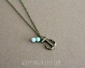 tiny anchor with mint and pale aqua czech glass beads 18" necklace