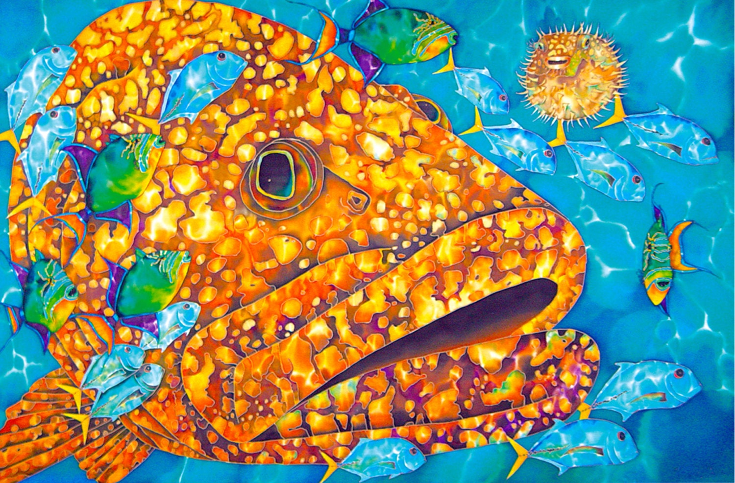 Goliath grouper dancing with  tiny reef fish.