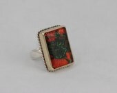 Sterling Silver Ring with Red - Green Optical Plastic Cabochon in 14 k Gold setting - handmade
