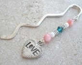 Pink shell and green crystal beaded bookmark with love heart charm