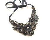 Black statement necklace - bib necklace, collage necklace, floral collage necklace