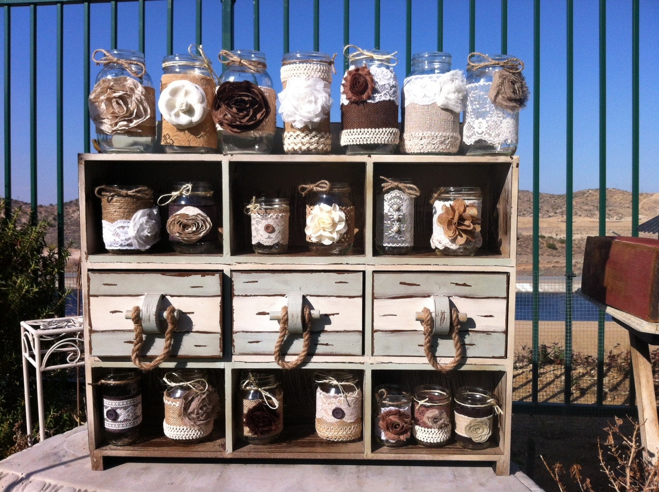 RUSTIC WEDDING DECOR. 10 Bulk Burlap Lace Mason Jars lanterns/vases. Head Table Decor, Wedding Centerpieces Wholesale