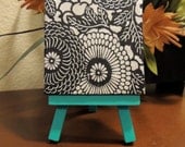 Floral Black and White Mini Canvas with Turquoise Easel, Turquoise Art, Mini Canvas Art, Cutelittlecanvas