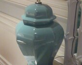Vintage Ginger Jar Mint Green Brass Table Lamp Hollywood Regency Mid Century Modern Palm Beach Large 21"