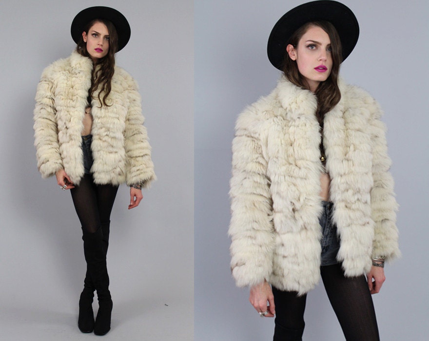Vtg 80s Ivory Silver Patchwork FOX FUR Glam Chubby Bomber Coat Jacket S-M