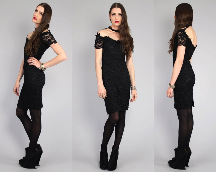 Vtg 80s 90s Black Lace Crochet Chocker Bandage Bodycon Cut Out Mini Dress S-M