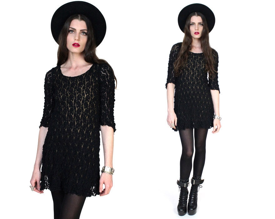 Vintage 90s Black Illusion Lace Grunge Romantic Mini Dress S-M