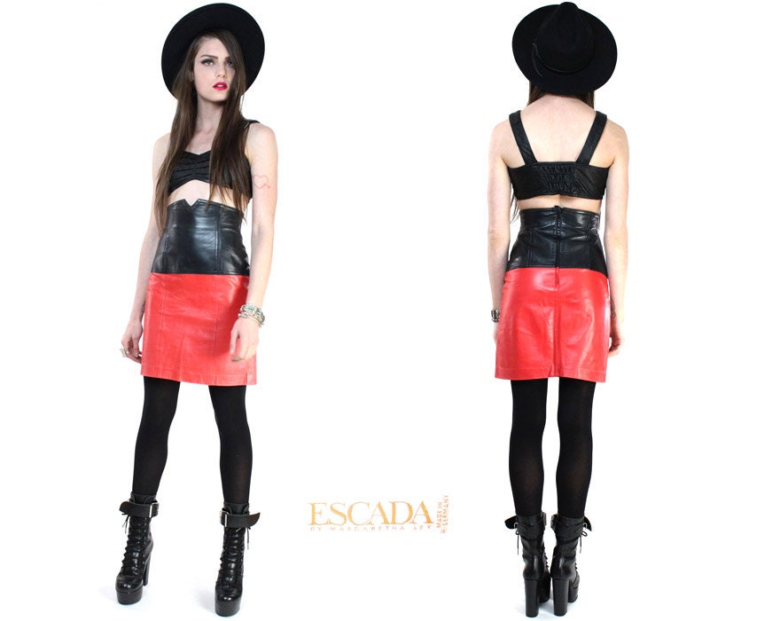 Vintage 80s Escada Leather Color Block Pencil Mini Skirt S