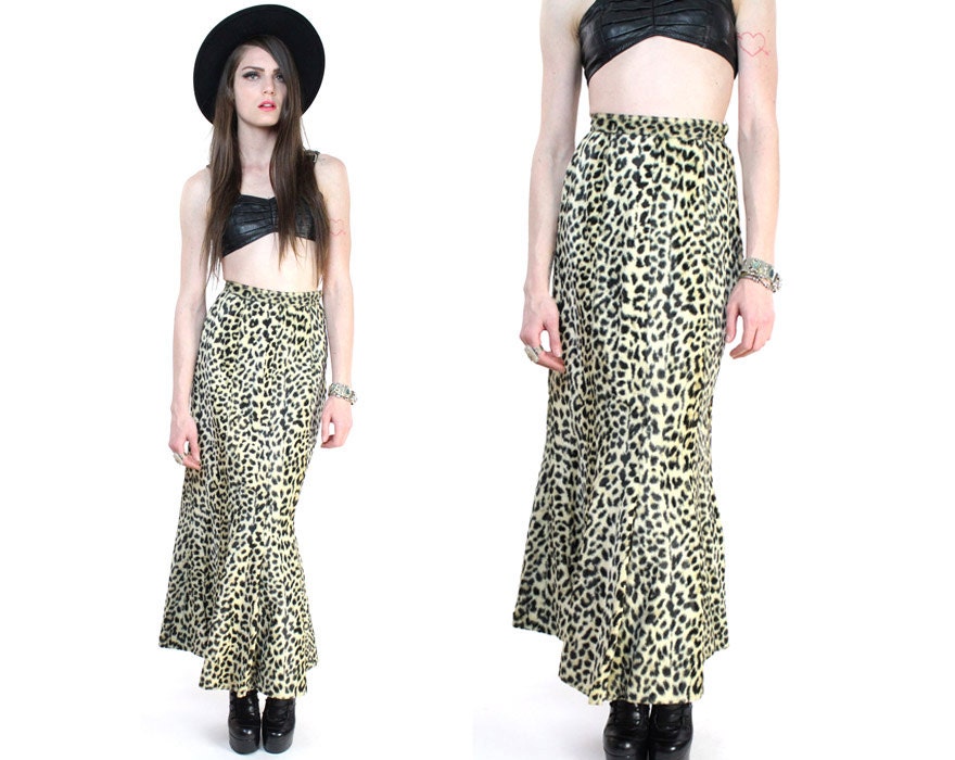 Vintage 60s Leopard Faux Fur Mermaid Maxi Skirt S-M