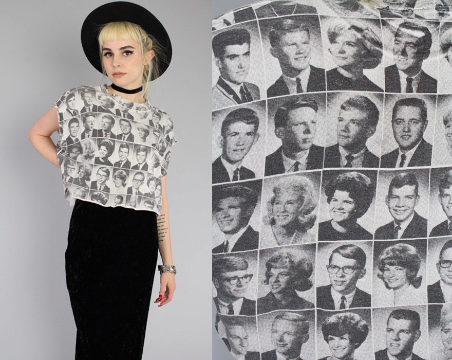 Vtg 90s Grey Crop Novelty 50s Yearbook Print Top Shirt S-L